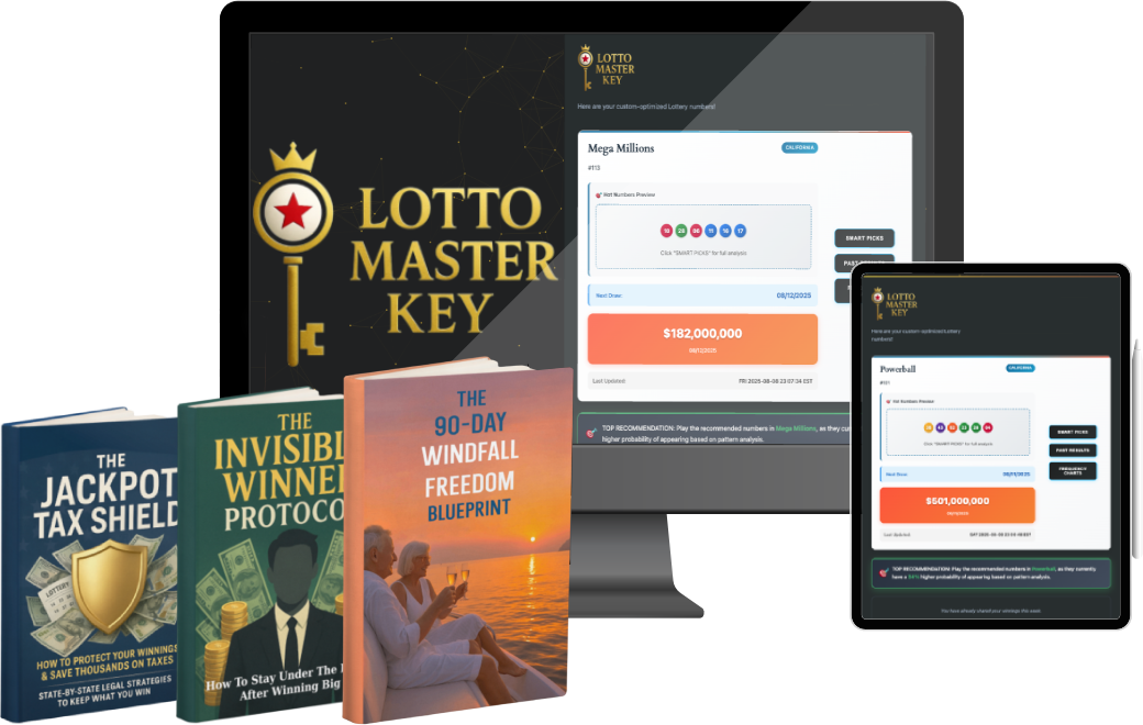 Lotto Master Key digital dashboard displayed on desktop and tablet with included guide books